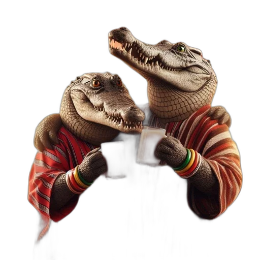 dragon, mask, jewelry, hat, 3d render, two, anthropomorphic, alligators transparent PNG cut-out