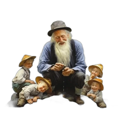 hat, staff, oil painting, concept art, photorealistic, elderly, fisherman, long transparent PNG cut-out