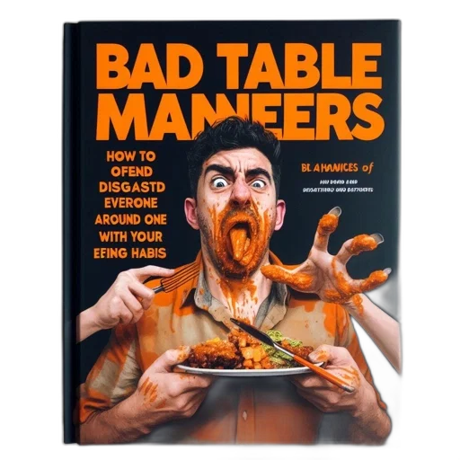 book, cover, displays, man, food-covered, face, amid, chaos transparent PNG cut-out