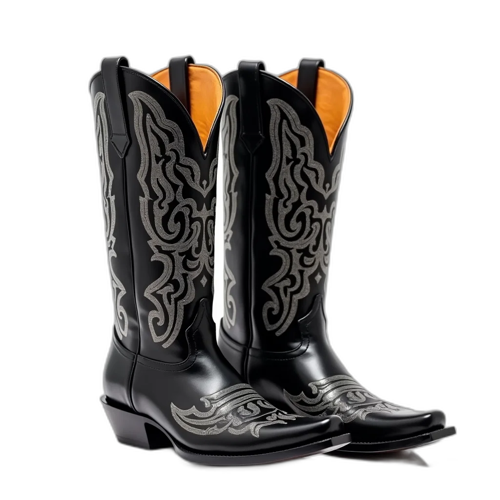 shoes, pair, black, cowboy, boots, intricate, silver, designs transparent PNG cut-out