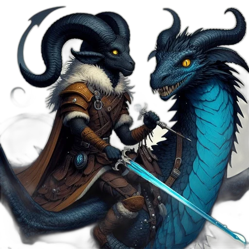 dragon, sword, staff, fantasy art, concept art, pixel art, comic book art, blue transparent PNG cut-out
