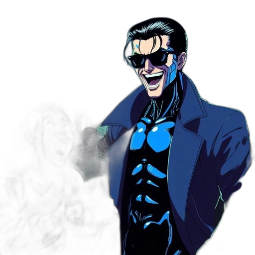 mask, jacket, comic book art, concept art, cartoon, anime, blue, dark transparent PNG cut-out