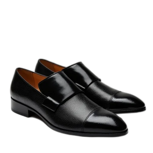 shoes, pair, black, leather, textured, surface, strap, over transparent PNG cut-out