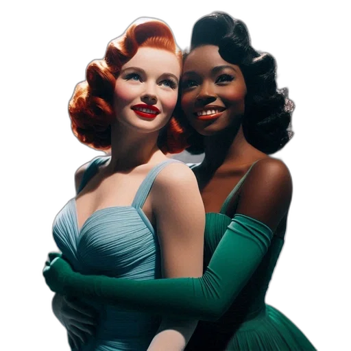 dress, concept art, photorealistic, comic book art, green, two, women, 1940s transparent PNG cut-out