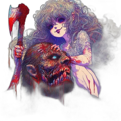 creature, fantasy art, concept art, comic book art, pixel art, fire, girl, blood-soaked transparent PNG cut-out