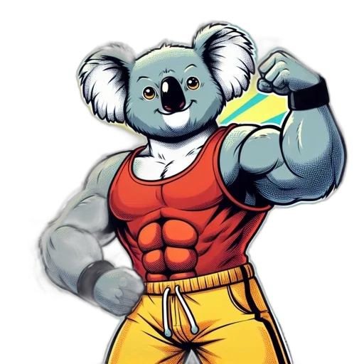 animal, cartoon, comic book art, concept art, pixel art, muscular, stylized, koala transparent PNG cut-out