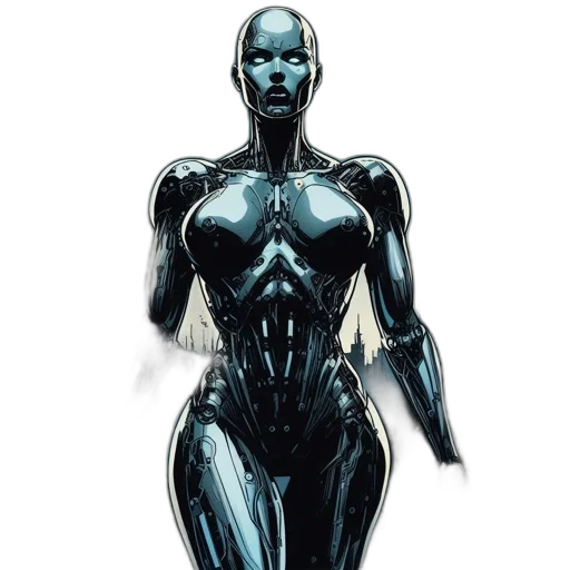 robot, dress, comic book art, concept art, 3d render, cyberpunk, blue, dark transparent PNG cut-out