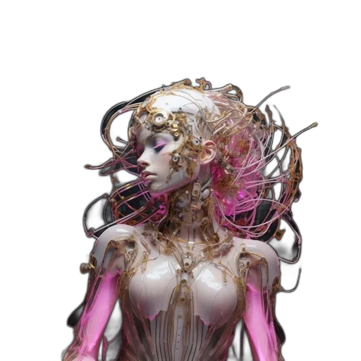 creature, dress, hair, robot, concept art, cyberpunk, fantasy art, 3d render transparent PNG cut-out
