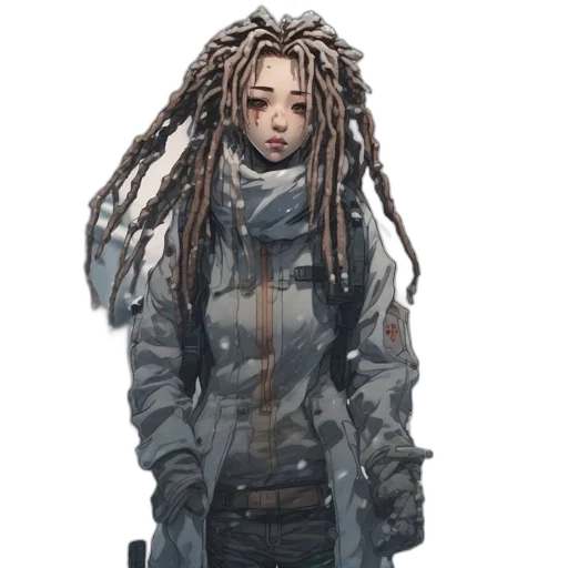 jacket, hair, staff, robot, concept art, cyberpunk, 3d render, photorealistic transparent PNG cut-out