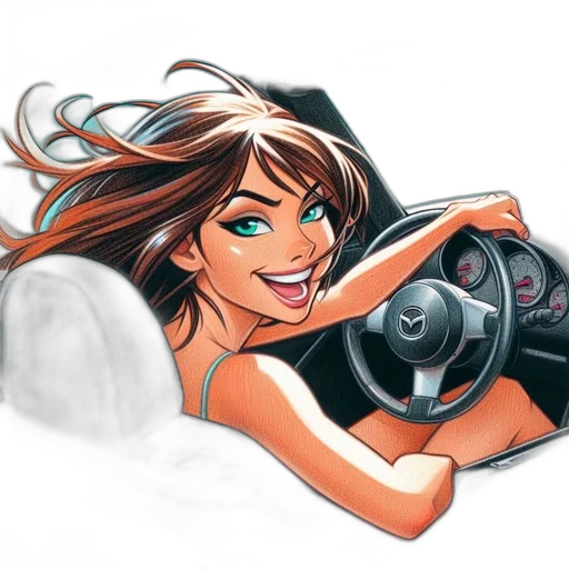 car, cartoon, photorealistic, concept art, comic book art, young, woman, long transparent PNG cut-out