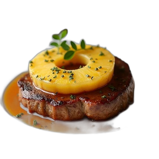 food, crown, photorealistic, 3d render, plate, steak, topped, pineapple transparent PNG cut-out