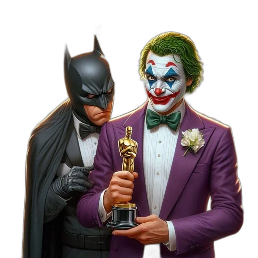 comic book art, concept art, photorealistic, three, prominent, figures, batman, joker transparent PNG cut-out