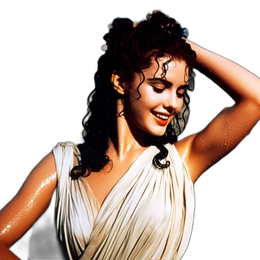 dress, photorealistic, woman, curly, wet, hair, stands, before transparent PNG cut-out