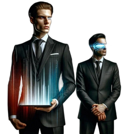 jacket, cyberpunk, concept art, comic book art, blue, two, men, formal transparent PNG cut-out
