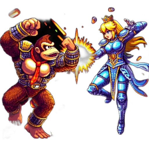 concept art, pixel art, fantasy art, comic book art, two, characters, one, large transparent PNG cut-out
