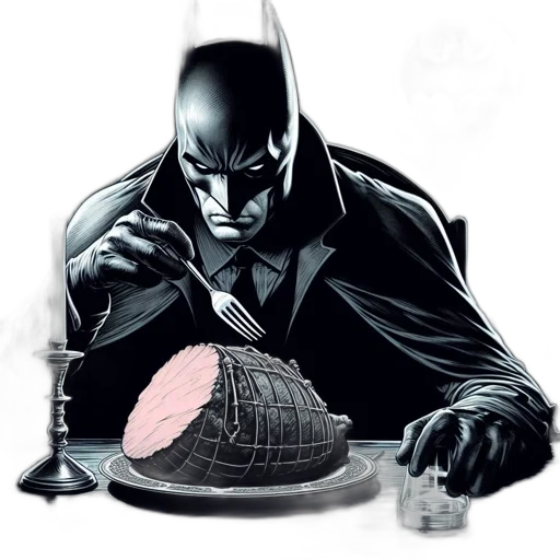 food, comic book art, concept art, batman, sits, table, holding, fork transparent PNG cut-out