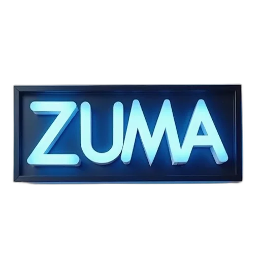 3d render, neon lights, modern, illuminated, sign, word, zuma, stylized transparent PNG cut-out