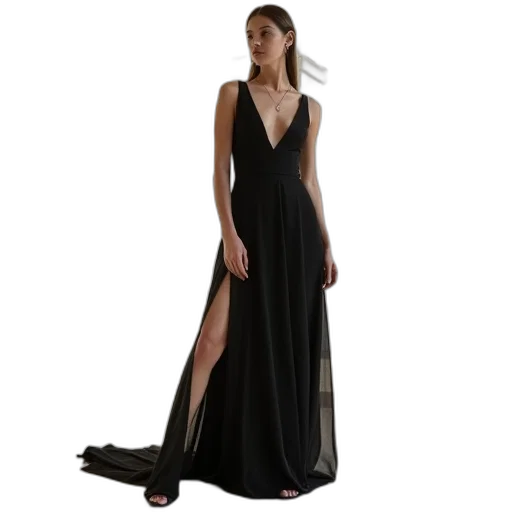 dress, dark, model, wearing, side, split, plunge, maxi transparent PNG cut-out