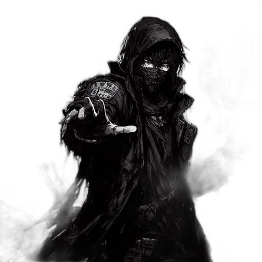 mask, weapon, jacket, staff, concept art, fantasy art, comic book art, cyberpunk transparent PNG cut-out