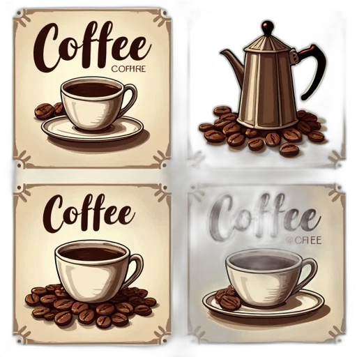 3d render, photorealistic, earth tones, set, four, coffee-themed, posters, vintage transparent PNG cut-out