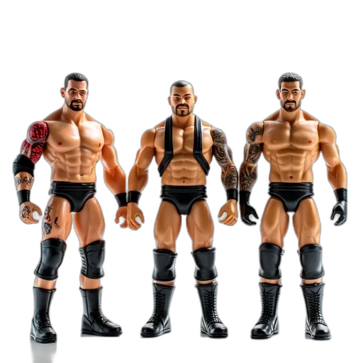 3d render, collection, three, action, figures, tattoos, each, wearing transparent PNG cut-out