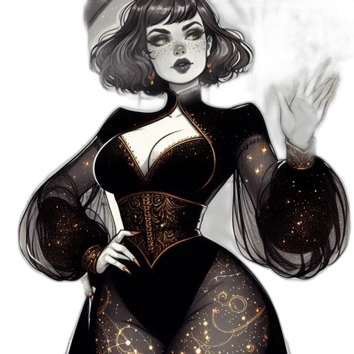 dress, comic book art, concept art, fantasy art, cartoon, outer space, dark, monochrome transparent PNG cut-out