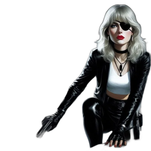 jacket, concept art, comic book art, photorealistic, cyberpunk, woman, eye, patch transparent PNG cut-out