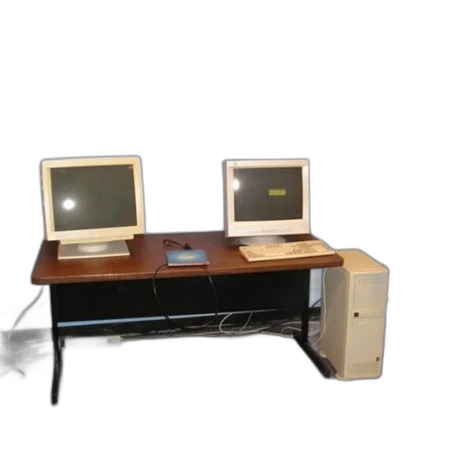 furniture, staff, 3d render, two, old, computers, sit, desk transparent PNG cut-out