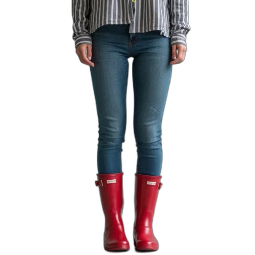 jacket, shoes, red, woman, blue, striped, shirt, jeans transparent PNG cut-out