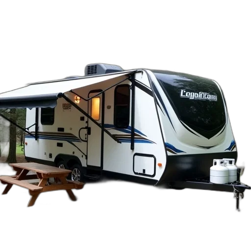 modern, recreational, vehicle, parked, campsite, white, black, blue transparent PNG cut-out