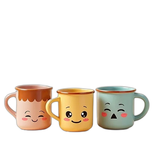 3d render, photorealistic, set, cute, characters, coffee, mugs, cups transparent PNG cut-out