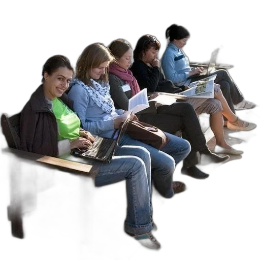 furniture, staff, 3d render, group, women, sit, bench, laptops transparent PNG cut-out