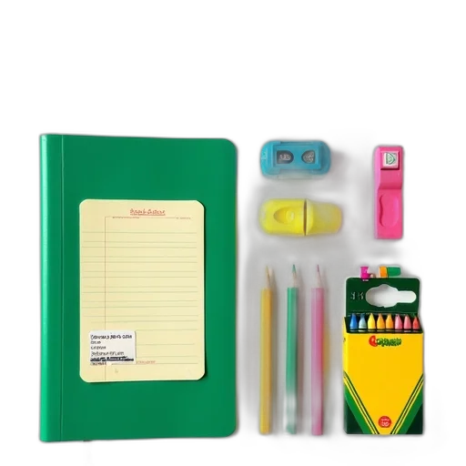 green, collection, school, supplies, neatly, arranged, white, background transparent PNG cut-out