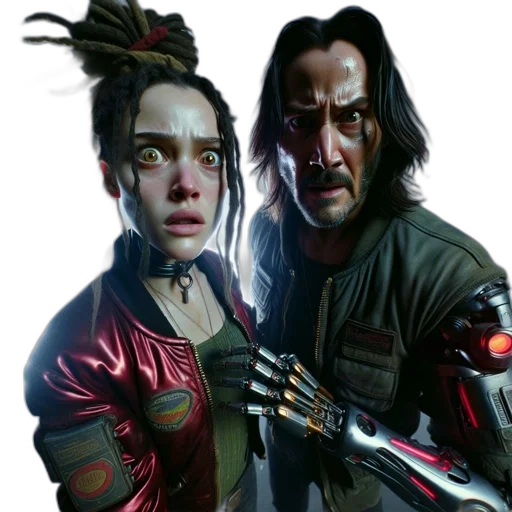 robot, cyberpunk, concept art, comic book art, fantasy art, outer space, two, contrasting transparent PNG cut-out