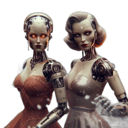 robot, concept art, cyberpunk, 3d render, comic book art, two, alert, humanoid transparent PNG cut-out