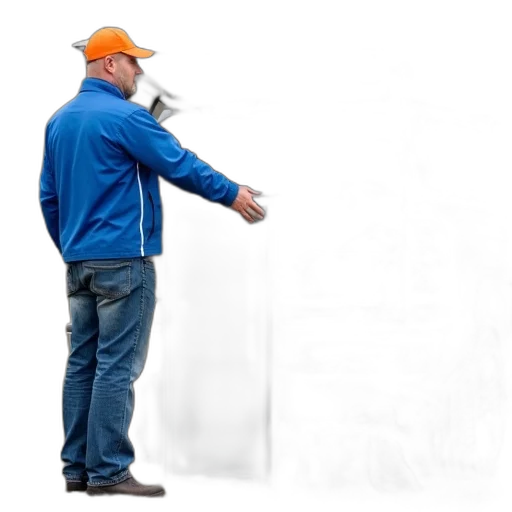 staff, jacket, furniture, man, blue, orange, hat, standing transparent PNG cut-out