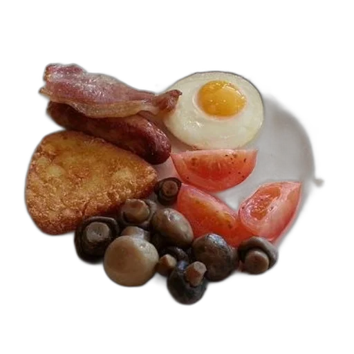 food, photorealistic, 3d render, breakfast, plate, bacon, sausage, eggs transparent PNG cut-out