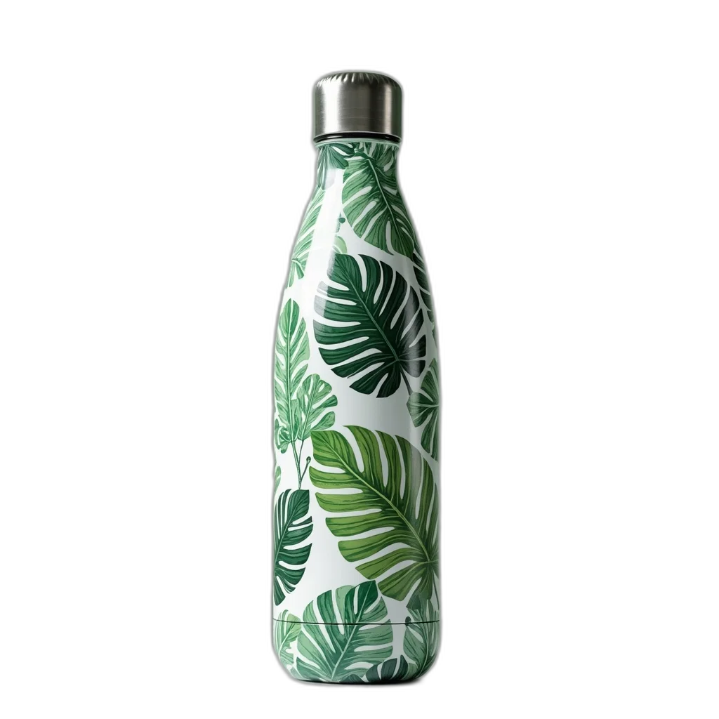 bottle, 3d render, green, silver, water, tropical, leaf, pattern transparent PNG cut-out