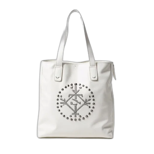 white, canvas, tote, bag, silver, studs, logo, front transparent PNG cut-out