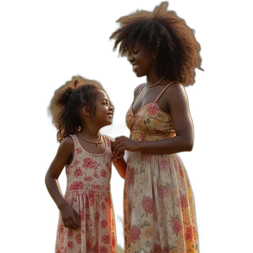 dress, photorealistic, earth tones, ebony, chick, her, daughters, enjoying transparent PNG cut-out