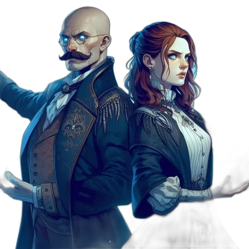 concept art, fantasy art, comic book art, cyberpunk, blue, two, characters, one transparent PNG cut-out