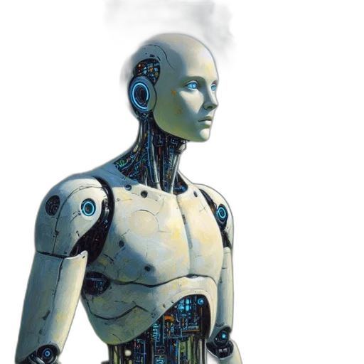 robot, cyberpunk, concept art, 3d render, sleek, blue-lit, stands, among transparent PNG cut-out