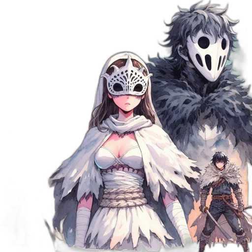 mask, creature, face, weapon, concept art, fantasy art, comic book art, watercolor transparent PNG cut-out