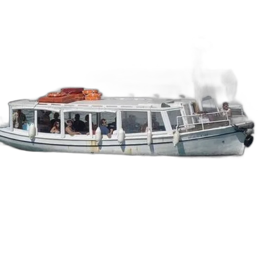 3d render, small, white, boat, passengers, board, floating, front transparent PNG cut-out