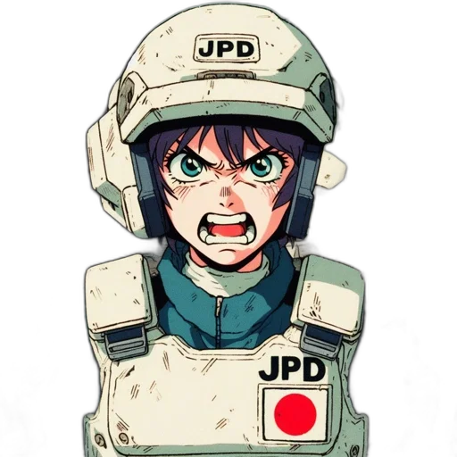 face, weapon, robot, jacket, anime, comic book art, concept art, cartoon transparent PNG cut-out