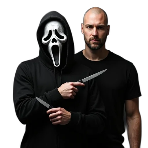 mask, weapon, staff, jacket, concept art, man, bald, head transparent PNG cut-out