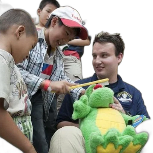 staff, man, blue, shirt, holding, stuffed, animal, while transparent PNG cut-out