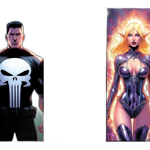 comic book art, concept art, dark, three, characters, depicted, muscle-bound, man transparent PNG cut-out
