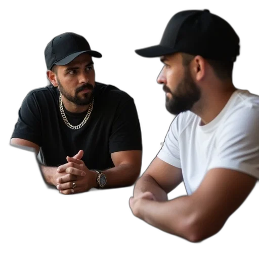 hat, man, white, shirt, sitting, table, laptop, front transparent PNG cut-out
