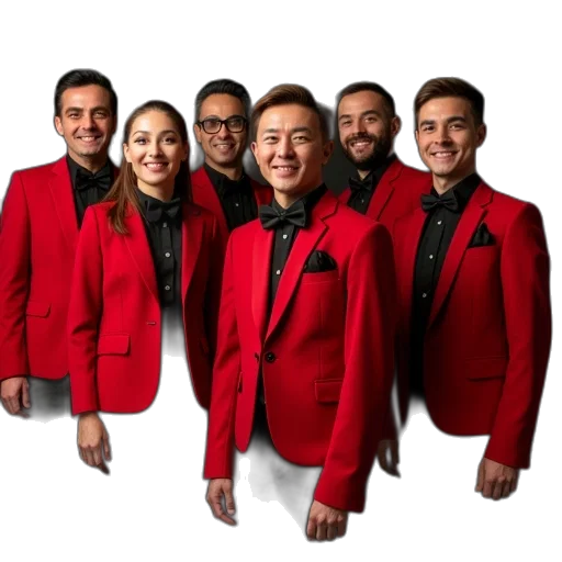 jacket, staff, red, music, ensemble, singing, group, poses transparent PNG cut-out